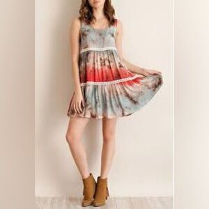 Entro Tie Dye Crochet Detail Sleeveless Mini Dress Boho Festival